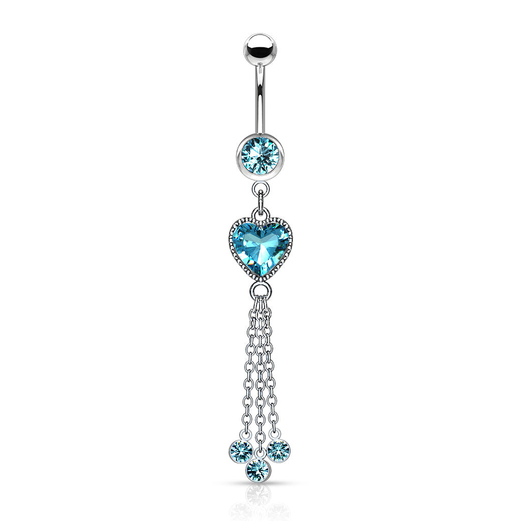 Heart CZ and Chains with CZ Dangle Surgical Steel Belly Button Navel Rings
